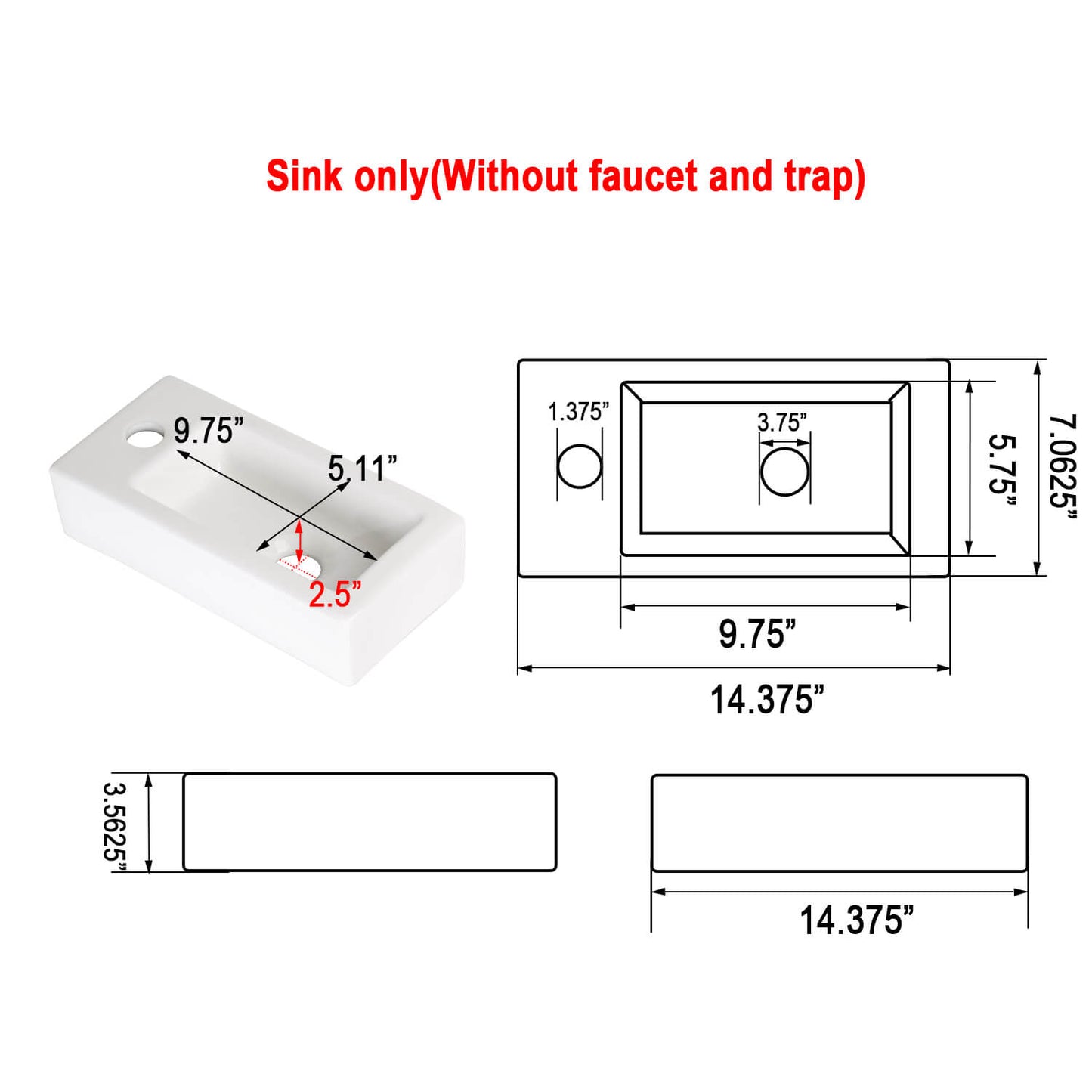 Small Wall Mounted Bathroom Sink, 14.7"x7"#right