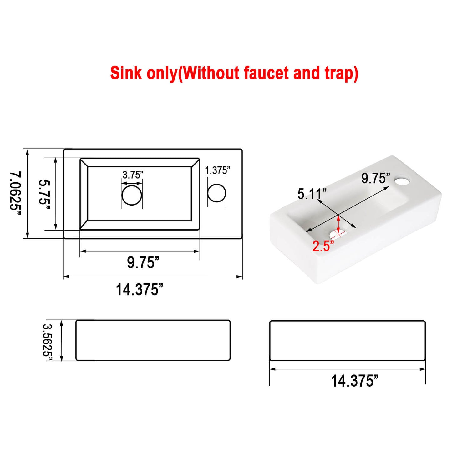 Small Wall Mounted Bathroom Sink, 14.7"x7"#left
