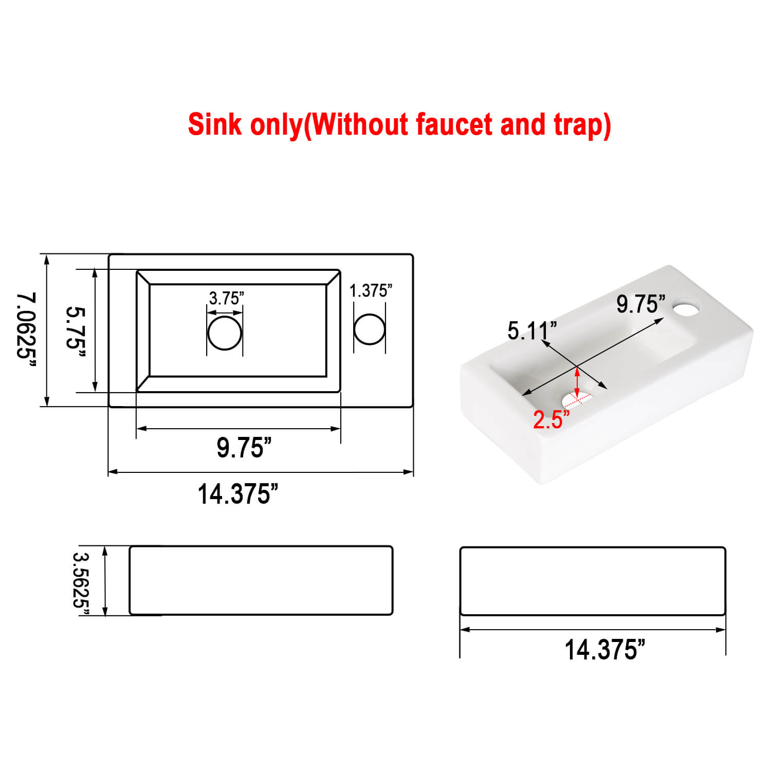 Small Wall Mounted Bathroom Sink, 14.7"x7"#left