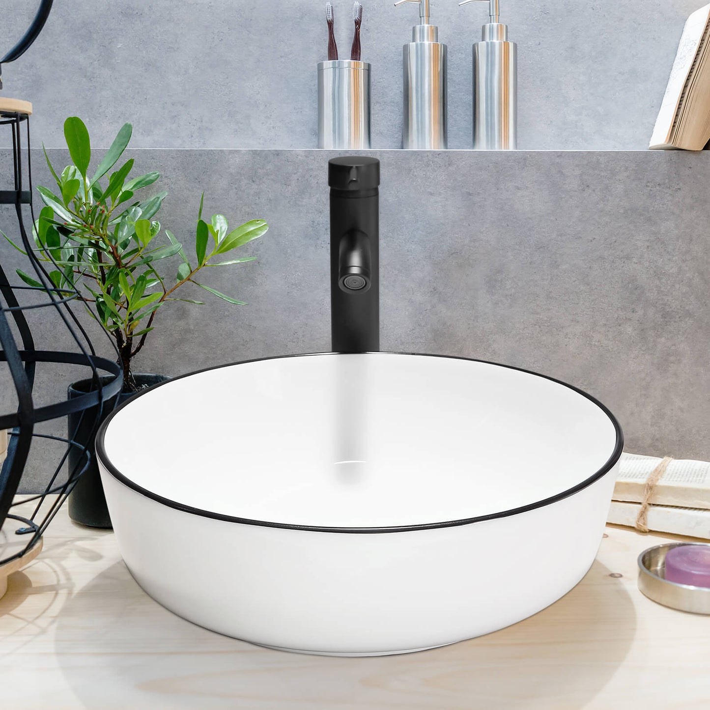 Round Ceramic Bathroom Vessel Sink, 16" x 16" x 5"