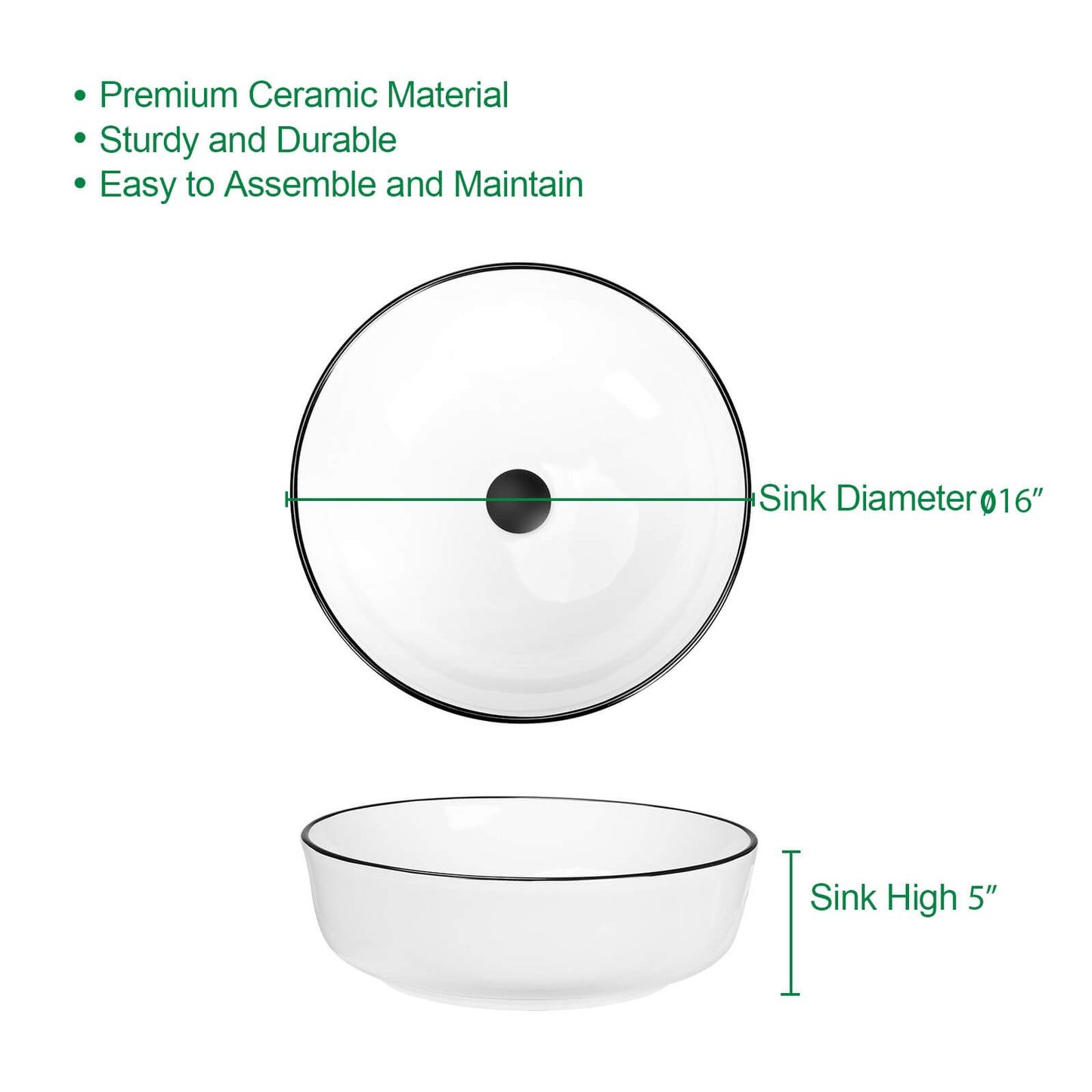 Round Ceramic Bathroom Vessel Sink, 16" x 16" x 5"