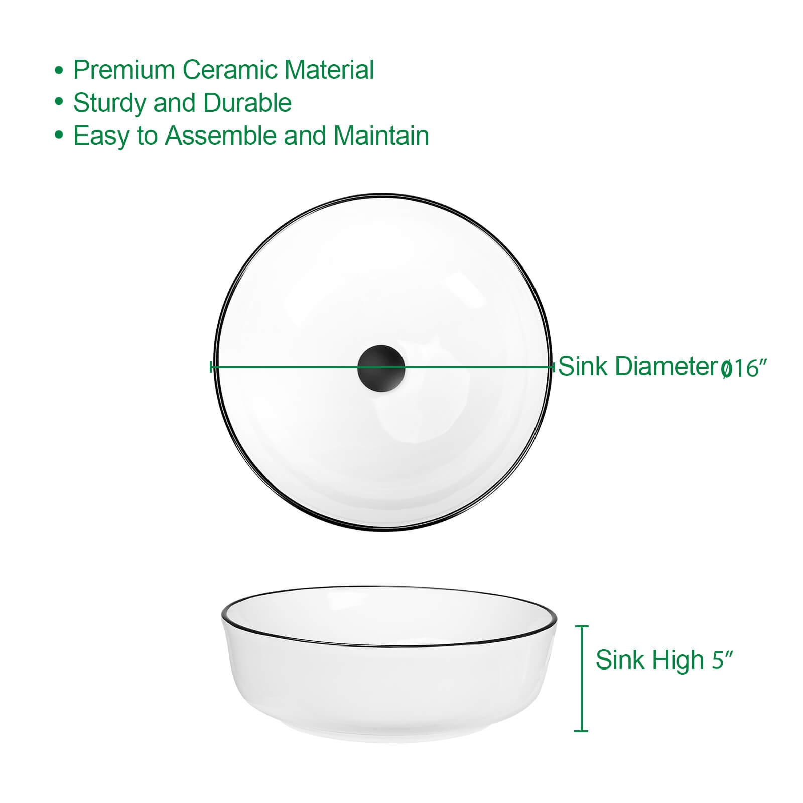 Round Ceramic Bathroom Vessel Sink, 16" x 16" x 5"