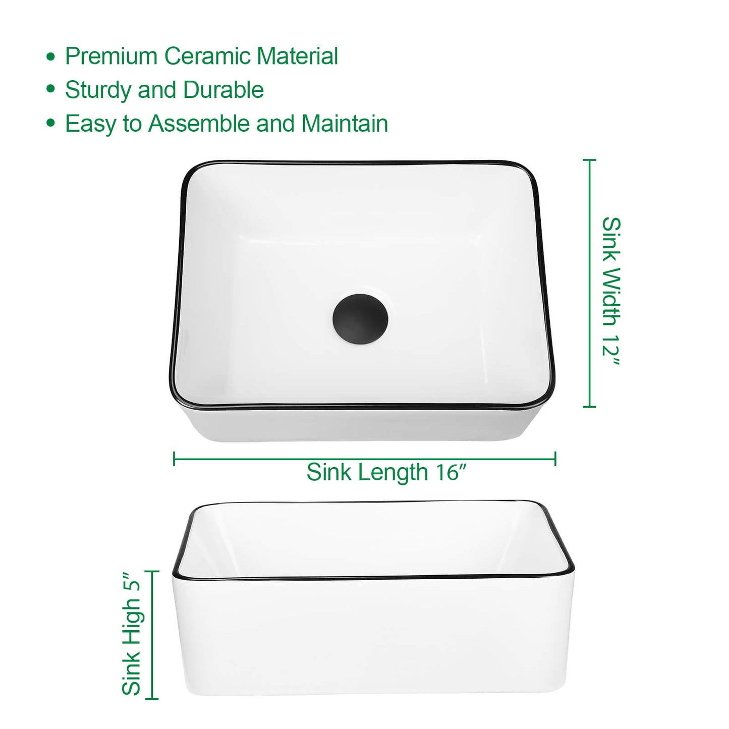 Rectangular Bathroom Sink, 16"x12“
